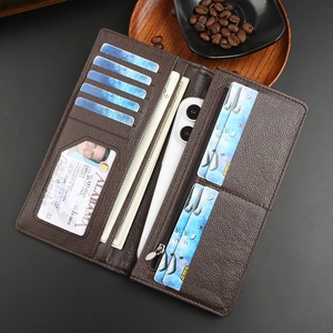 Classic dark brown long leather wallet with multi-card slots and smartphone compartment