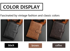 Detailed color display of vintage leather wallets in black, brown and coffee options