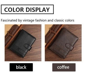 Detailed view of men's bifold PU leather wallets in black and coffee with snap buttons