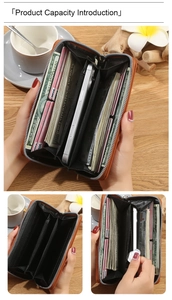 Detail view of large capacity long wallet with card slots and mobile phone compartment