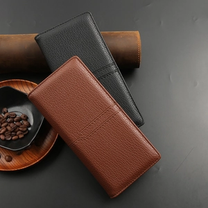 Classic men's long leather wallets in black and brown with sleek lychee grain texture