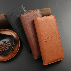 Classic men's long leather wallet in black, brown, and tan with pebbled texture