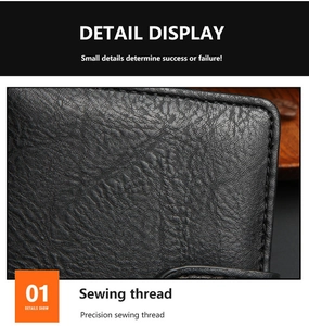 Close-up of premium black leather texture and precision sewing thread detail on men's wallet