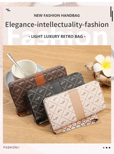 Three long zipped wallets with monogram pattern and stylish wristlets on a wooden desk