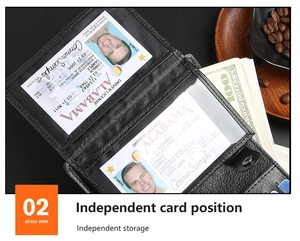 Detail view of black pebble grain leather wallet with dual ID windows and card slots