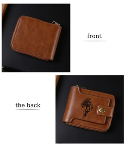 Detail of vintage brown leather wallet showing front side and back with cowboy design