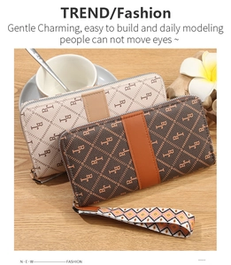 Detailed view of beige and brown zippered wallets with geometric wristlets on wood