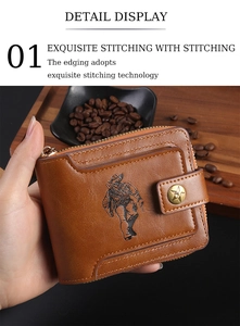 Detail view of vintage brown leather wallet featuring cowboy design and star button buckle