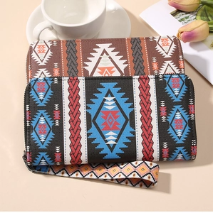 Bohemian geometric pattern long wallets with wrist straps and zipper closure detail