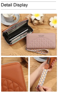Detail view of long leather wallet featuring quilted stitching and woven wrist strap