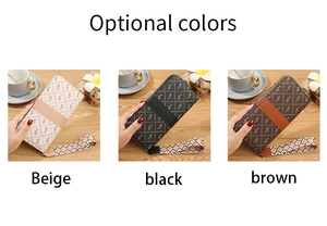 Three elegant long wallets in beige, black, and brown with retro letter prints and wrist straps