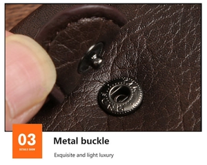 Detail of the durable metal buckle on a dark brown litchi pattern leather wallet