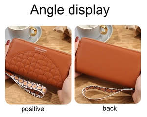 Front and back view of a long brown quilted zip wallet with a colorful wristlet strap