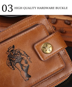 Detail of premium hardware buckle and star emblem on vintage brown leather wallet