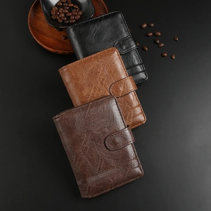 Vintage men's trifold PU leather short wallet in black and brown colors