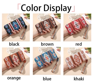 Color display of Bohemian style long wallets with wrist straps in six vibrant colors