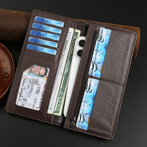 Brown leather long wallet for men with card slots and mobile phone compartment