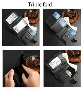 Detailed view of trifold leather wallet with card slots, coin pocket and bills compartment