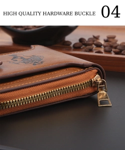Detail of premium golden metal zipper on vintage brown leather wallet with horse engraving