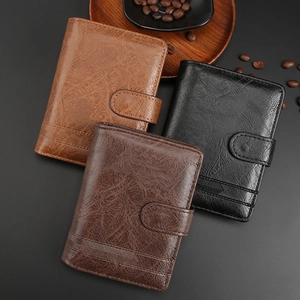 Three tri-fold men's vintage PU leather business wallets in black, dark brown, and tan colors