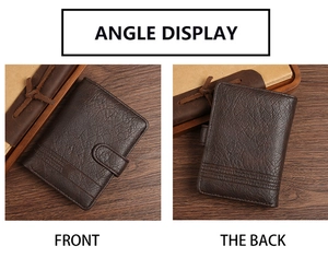 Front and back view of men's retro PU leather wallet with lychee texture and buckle detail