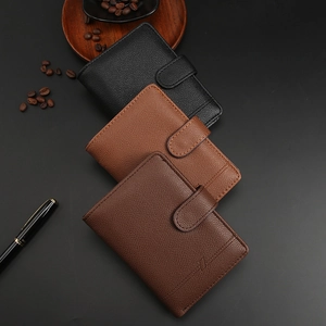 Litchi pattern leather passport holder wallets in black and brown with snap fastener