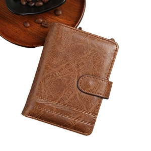 Classic brown vintage tri-fold men's wallet in premium PU leather with buckle closure