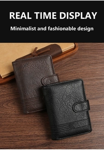 Detailed view of black and brown pebble leather men's wallets with buckle closure