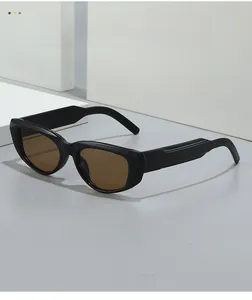 Detail view of vintage oval sunglasses with thick black frames and tinted brown lenses