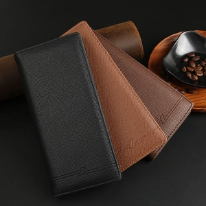 Long leather wallets for men in black and brown finishes stacked on wooden background