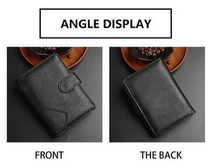 Front and back view of a black faux leather men's wallet with perforated texture details