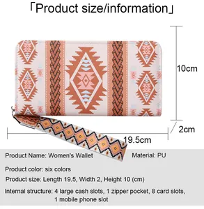 Size chart showing long bohemian wallet dimensions 19.5x10x2cm and internal storage layout