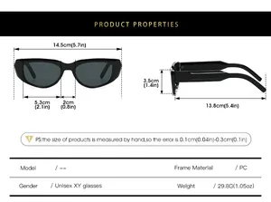 Detailed size chart for retro narrow frame sunglasses showing dimensions and PC material specs