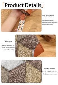 Dettaglio portafoglio in pelle patchwork con cerniera di qualità e cinturino in tessuto