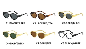 Detailed grid display showing six color variants of retro oval gold frame sunglasses