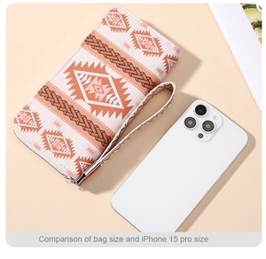 Size comparison of bohemian print long zipper wallet next to an iPhone 15 Pro