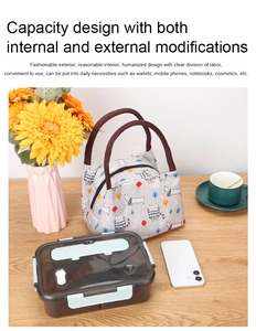 Spacious insulated lunch bag with cartoon prints showing large capacity for food and items