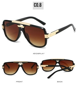 Three-angle view of vintage square sunglasses with gold metal trim and brown gradient lenses