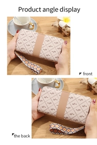 Front and back views of a beige monogram long wallet with geometric wrist strap on a wooden desk