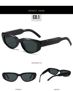 Three-angle view of vintage black chunky sunglasses with dark grey lenses and thick temples