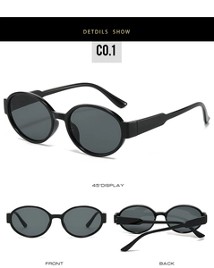 Detail view of oval black sunglasses with PC frames in front, back and 45-degree angle