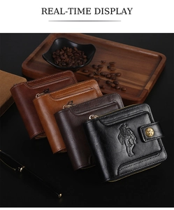 Detail of vintage men's wallets in four colors with embossed design and star buckle