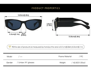 Guide des dimensions pour lunettes de soleil œil de chat montrant la taille et le poids du PC