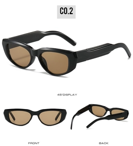 Retro thick-frame sunglasses with brown lenses shown from front, back, and 45-degree angles