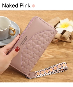 Detail of naked pink long zipper wallet with quilted fish scale pattern and wrist strap