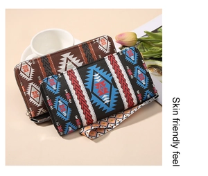 Detail of ethnic geometric pattern wallets with zippers and matching wrist straps