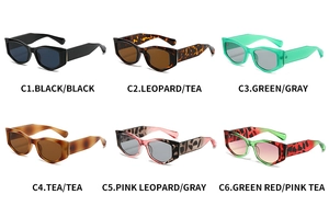 Catalogue détaillé montrant six couleurs assorties de lunettes de soleil œil de chat géo