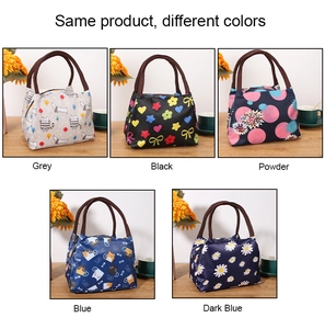 Collage of five insulated lunch bags with patterns like cats, hearts, and daisies