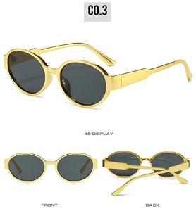 Detailed views showing front, back, and 45-degree angle of golden oval sunglasses