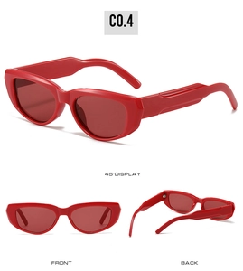 Detailed multi-angle views of red retro oval sunglasses with thick frames and street style